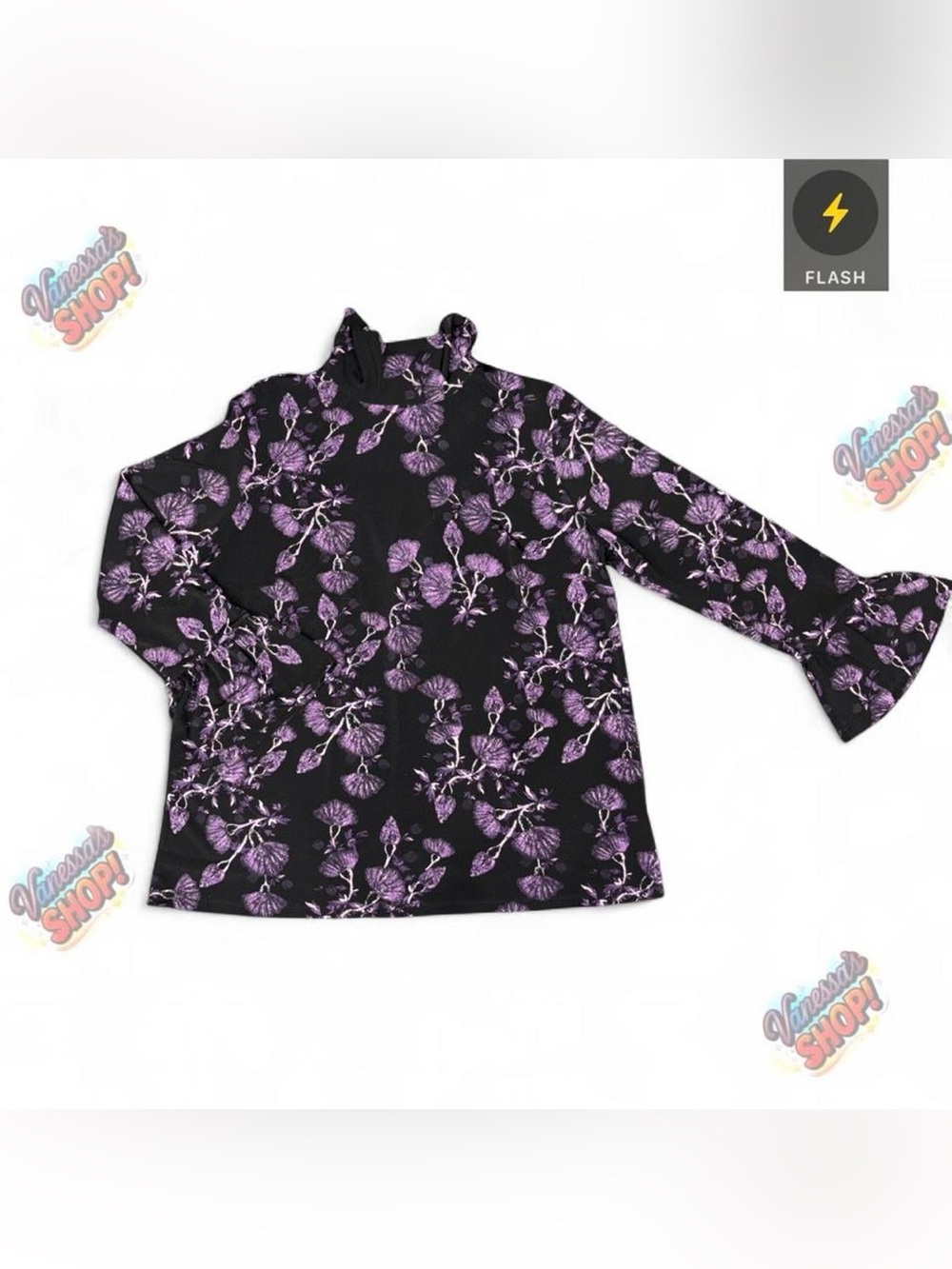 Ellen Tracy Black Long Sleeve Mock Neck Top with Purple Floral Print